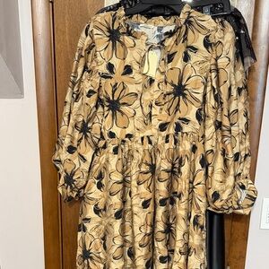 JODIFL Tan and Black Floral Tie Front Babydoll Dress NWT